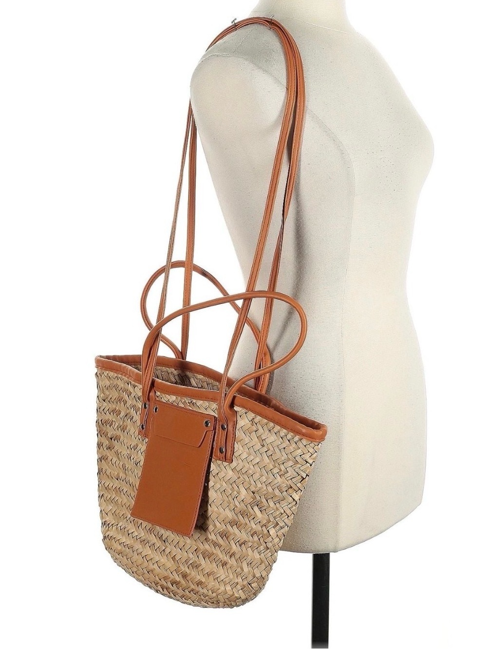 Woven Straw Tote with Tan Leather Trim